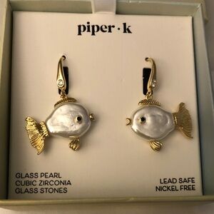 Piper K Gold Tone & White Glass Pearl Fish Drop Earrings CZ Accents NIB
